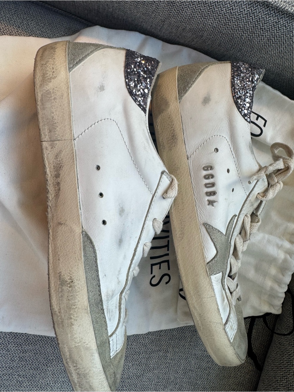 Golden Goose White and Black Insole Logo Sneakers with glitter details